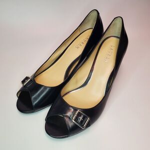 Lauren Ralph Lauren Black Size 10B Silver Buckle Peep Toe Pump Heels Shoes